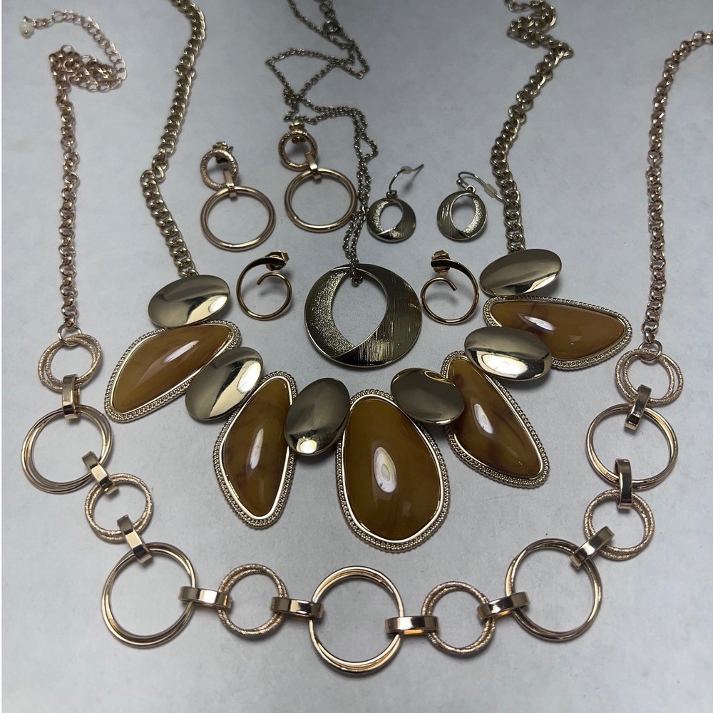 Gold Tone Jewelry 3 Necklaces 3 Earrings Faux Amber Resin Geometric Abstract